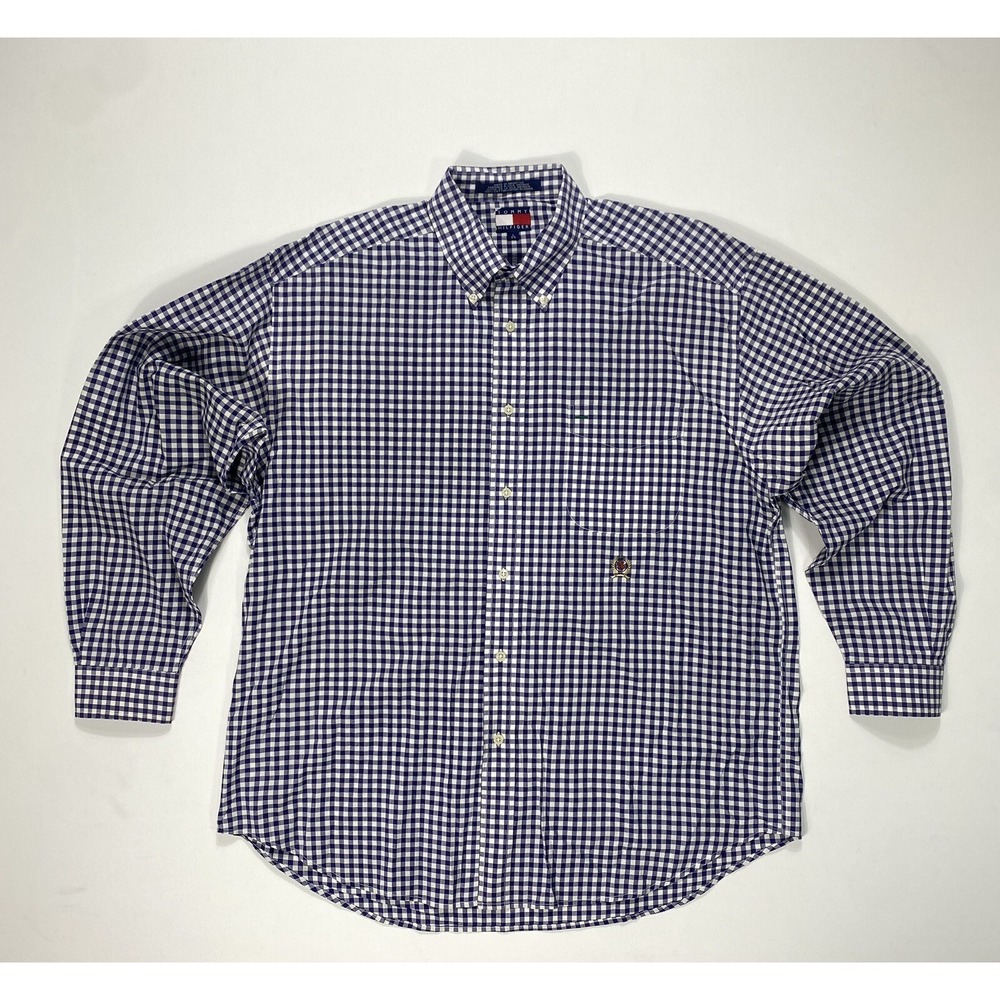 Tommy Hilfiger Mens Large Blue Gingham Check Button Down Shirt Cotton Pocket L